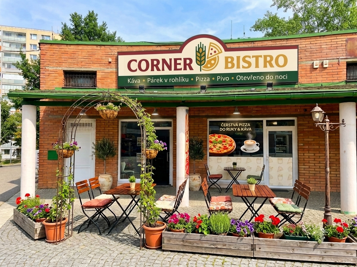 Budova CORNER BISTRO z ulice s letní zahrádkou